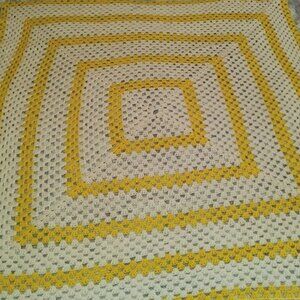 Vintage Handcrafted 51 x 47 Yellow and White Crochet Afghan Blanket